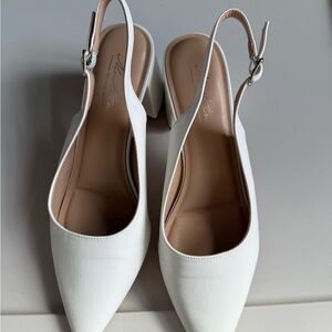 White Pointed Slingback Block Heel Women's Pumps
